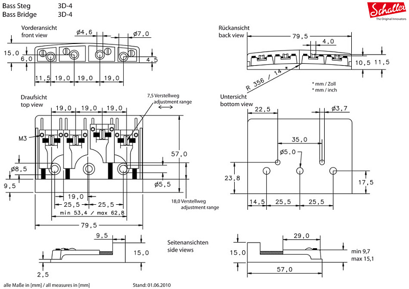 Фото Бридж Schaller 12130200 (467) 3D-4 CH для 4-х струнной бас-гитары